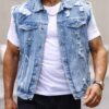 Men Ripped Frayed Denim Vest Jacket Without Tee