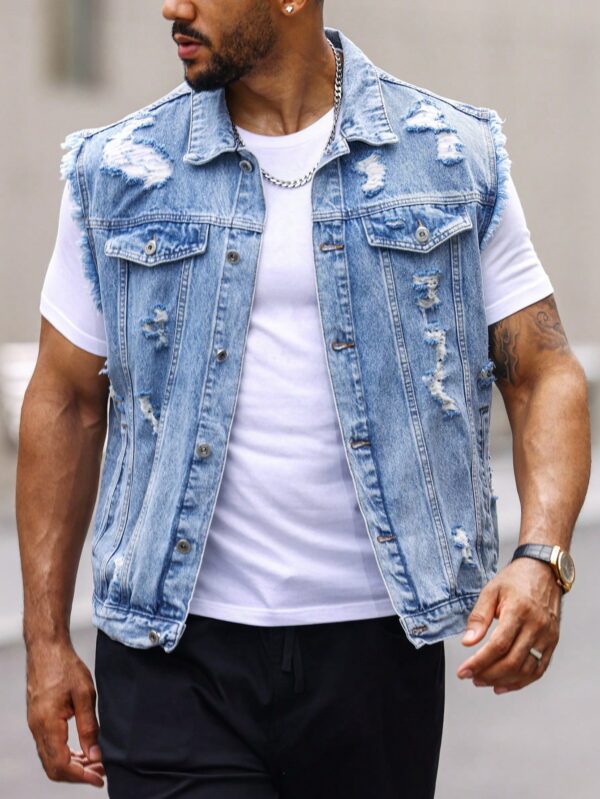 Men Ripped Frayed Denim Vest Jacket Without Tee