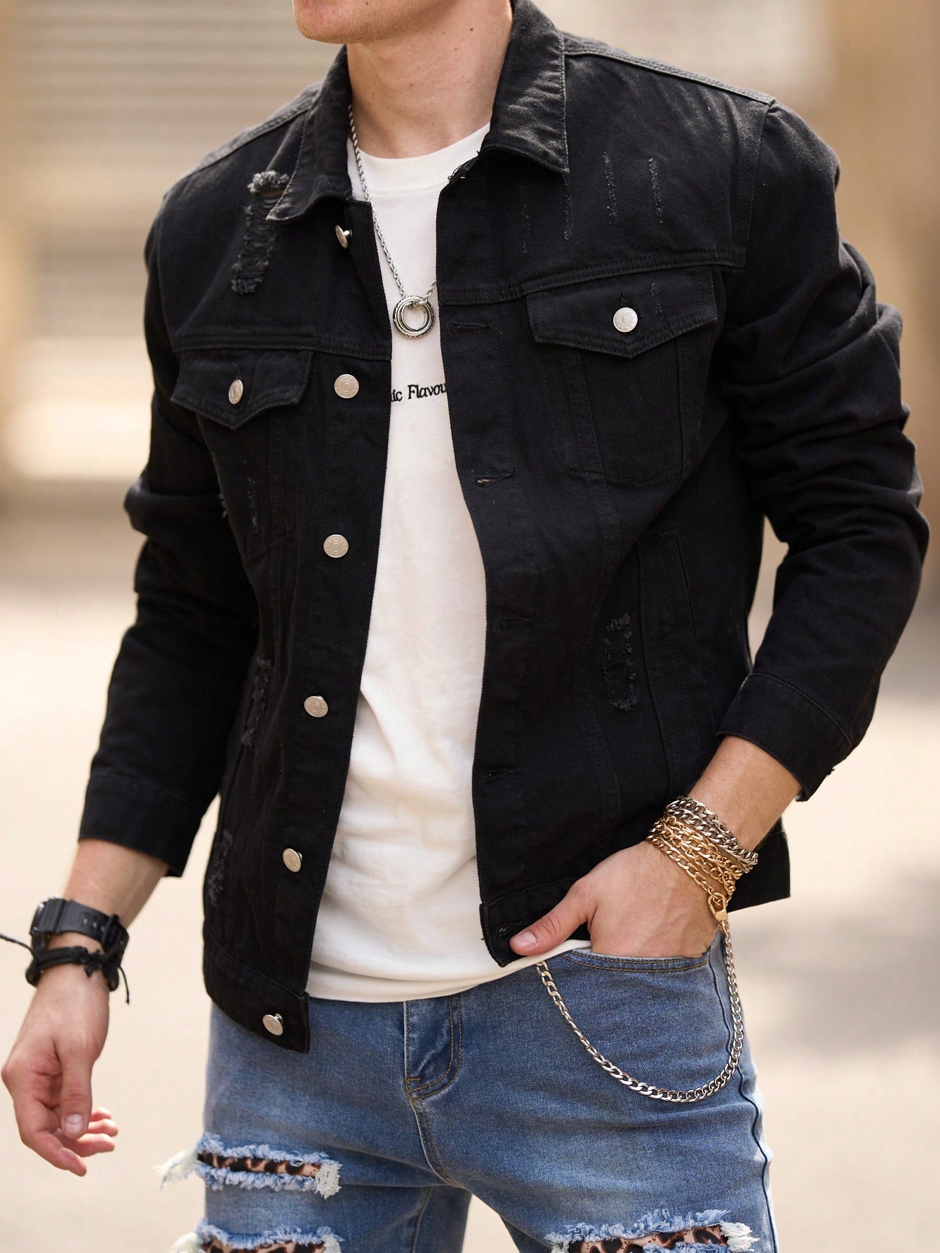 RivetRise Men Ripped Flap Pocket Denim Jacket Plain Black Party Casual Denim Jacket For Boyfriend Gift main 2