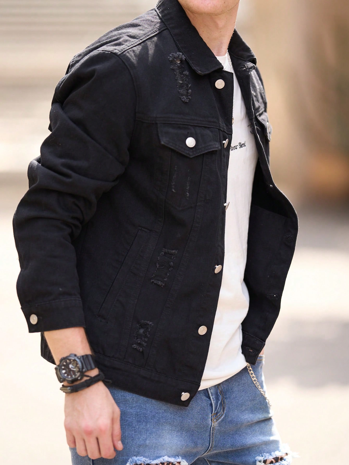 RivetRise Men Ripped Flap Pocket Denim Jacket Plain Black Party Casual Denim Jacket For Boyfriend Gift main 3
