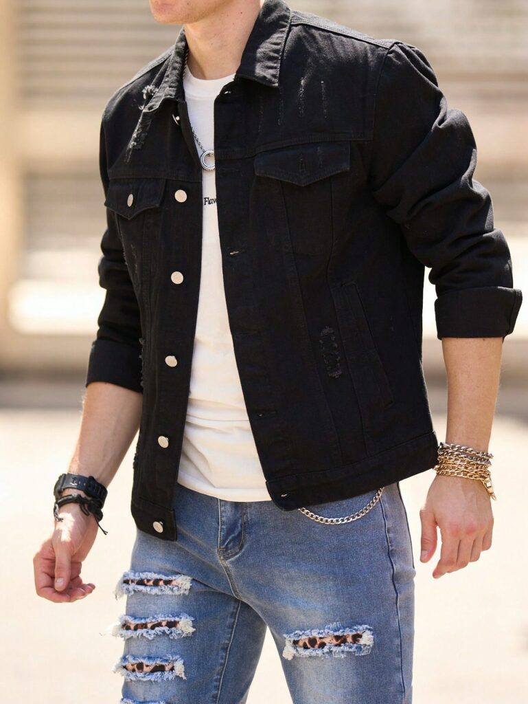 RivetRise Men Ripped Flap Pocket Denim Jacket Plain Black Party Casual Denim Jacket For Boyfriend Gift main 4