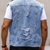 RivetRise Men Ripped Frayed Denim Vest Jacket Without Tee Plain Light Blue Party Grunge Rapper Denim Vest Jacket main 1
