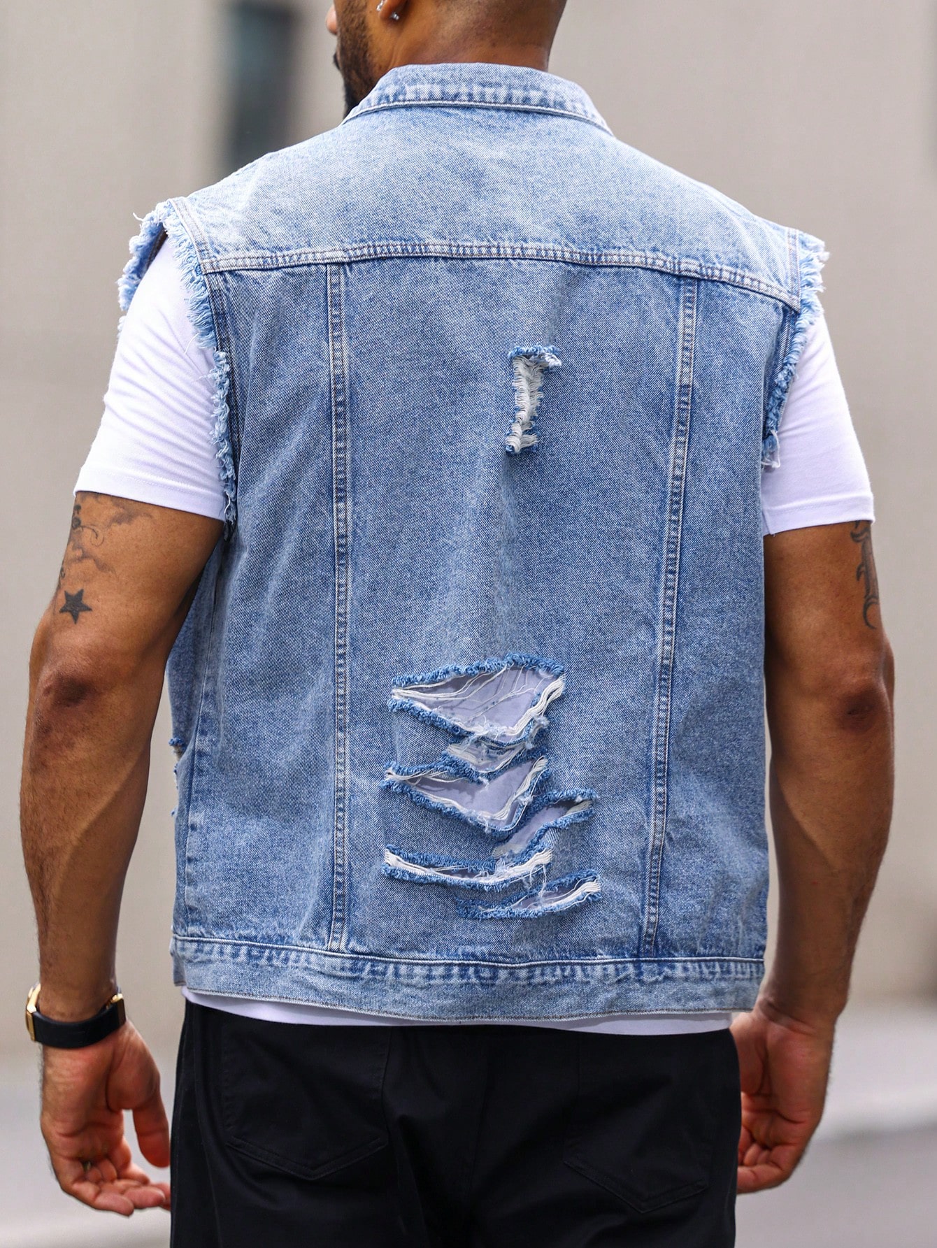 Men Ripped Frayed Denim Vest Jacket Without Tee