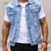 RivetRise Men Ripped Frayed Denim Vest Jacket Without Tee Plain Light Blue Party Grunge Rapper Denim Vest Jacket main 2