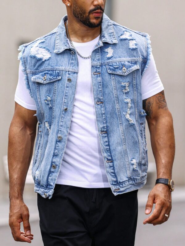 Men Ripped Frayed Denim Vest Jacket Without Tee