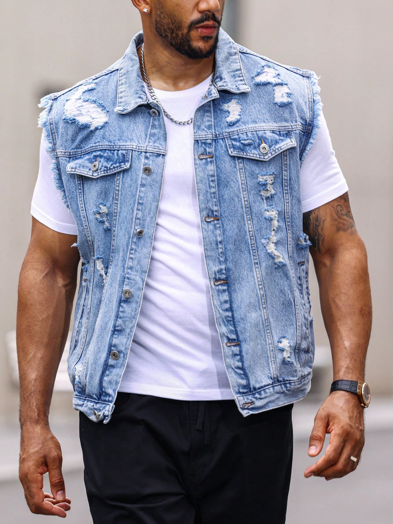 Men Ripped Frayed Denim Vest Jacket Without Tee