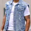 RivetRise Men Ripped Frayed Denim Vest Jacket Without Tee Plain Light Blue Party Grunge Rapper Denim Vest Jacket main 3