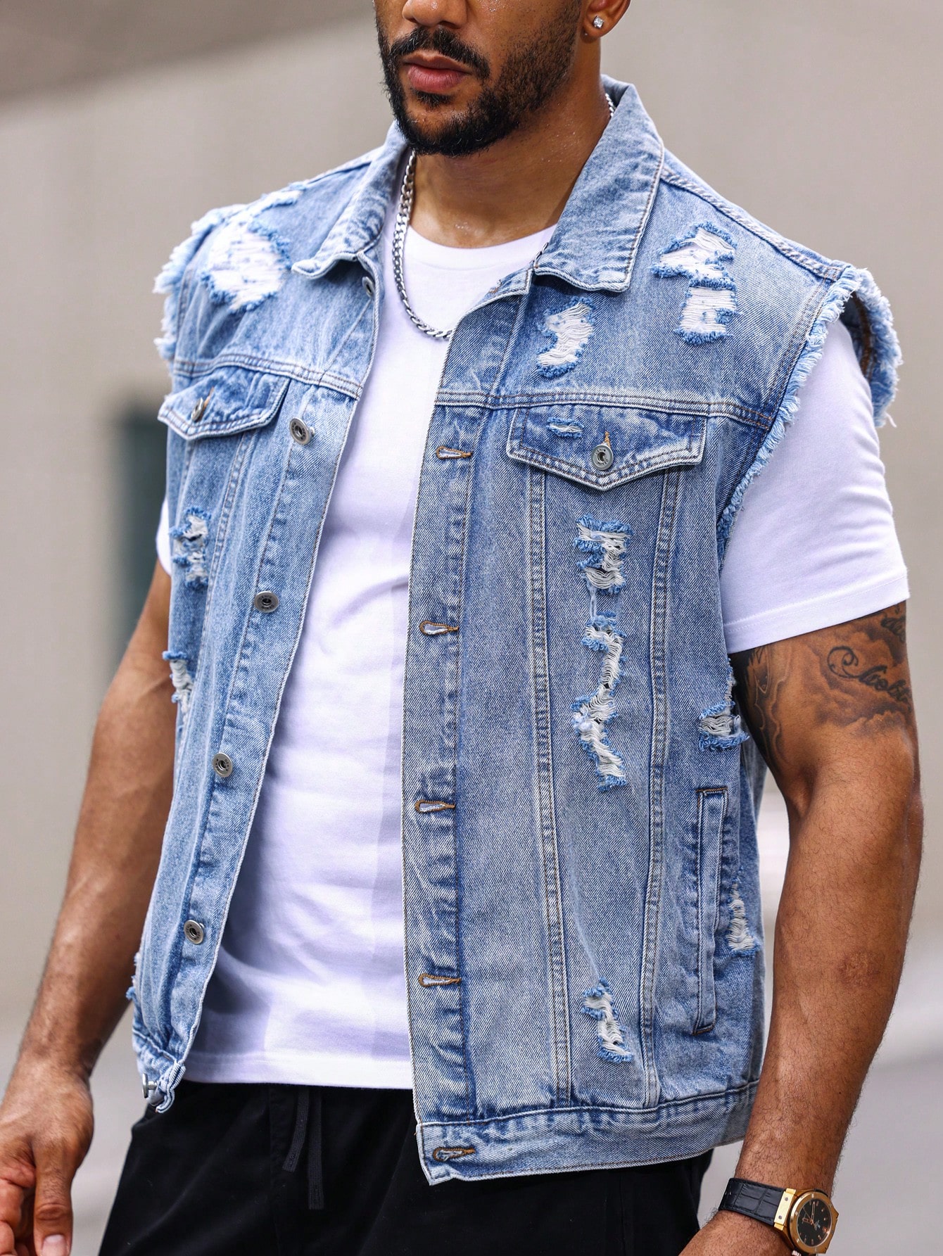 Men Ripped Frayed Denim Vest Jacket Without Tee