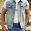 RivetRise Men Solid Color Front Button Pocket Sleeveless Denim Jacket Jean Vest Men main 0