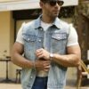 RivetRise Men Solid Color Front Button Pocket Sleeveless Denim Jacket Jean Vest Men main 5