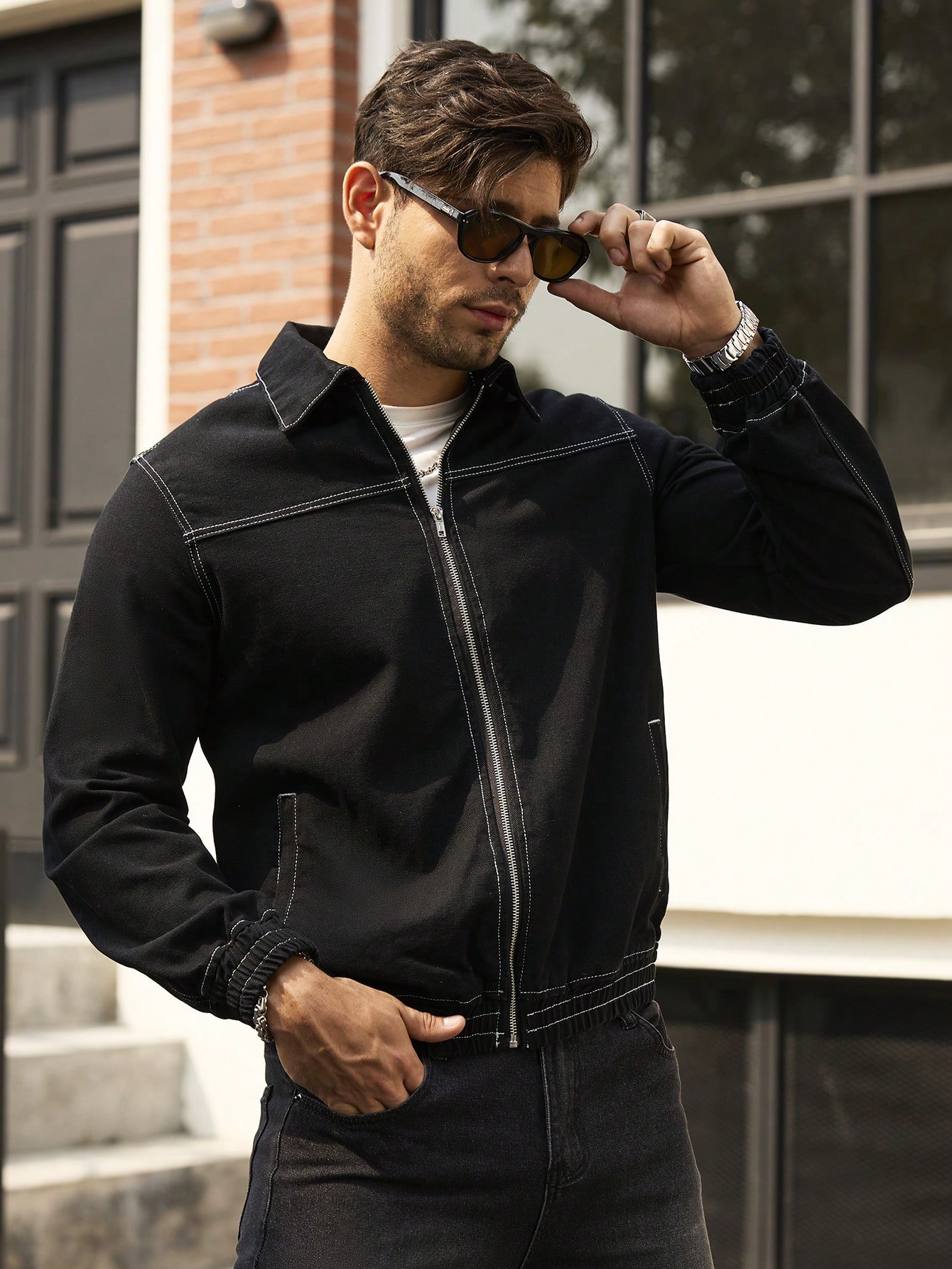 Men Casual Loose Denim Jacket With Zipper Front Vintage