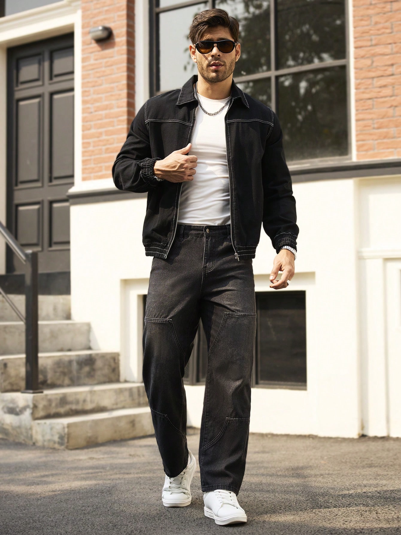 Men Casual Loose Denim Jacket With Zipper Front Vintage