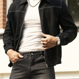 Men Casual Loose Denim Jacket With Zipper Front Vintage