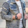 RivetRise Mens Casual Patchwork Frayed Fashion Plain Denim Jacket With Long Sleeves Spring And Autumn For Vacation main 0