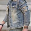 RivetRise Mens Casual Patchwork Frayed Fashion Plain Denim Jacket With Long Sleeves Spring And Autumn For Vacation main 5