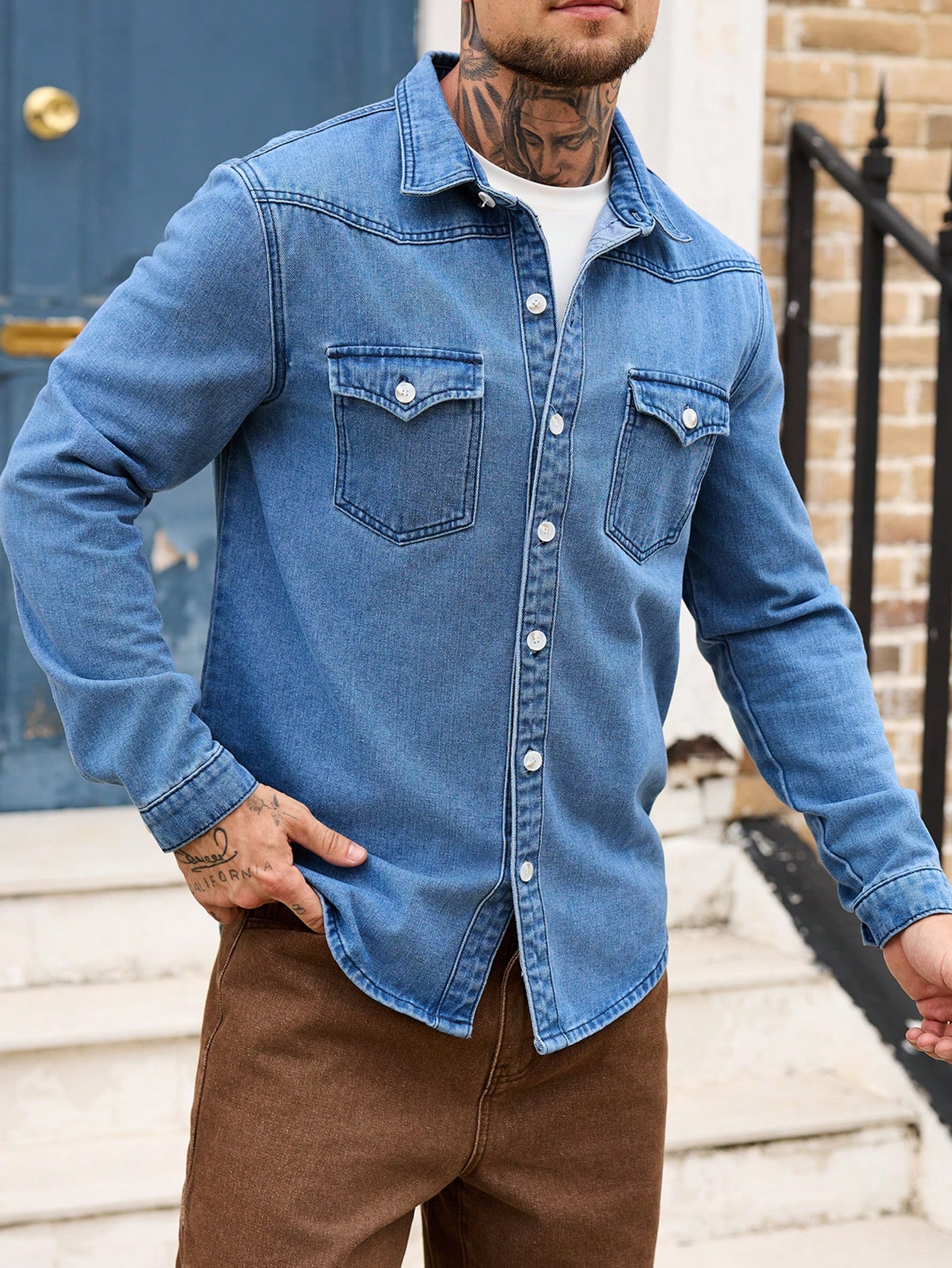 Men Classic Regular Blue Jean Denim Shirt