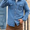 RivetRise Mens Classic Regular Shoulder Long Sleeve Single Breasted Denim Jacket Blue Jean Shirt Men main 3