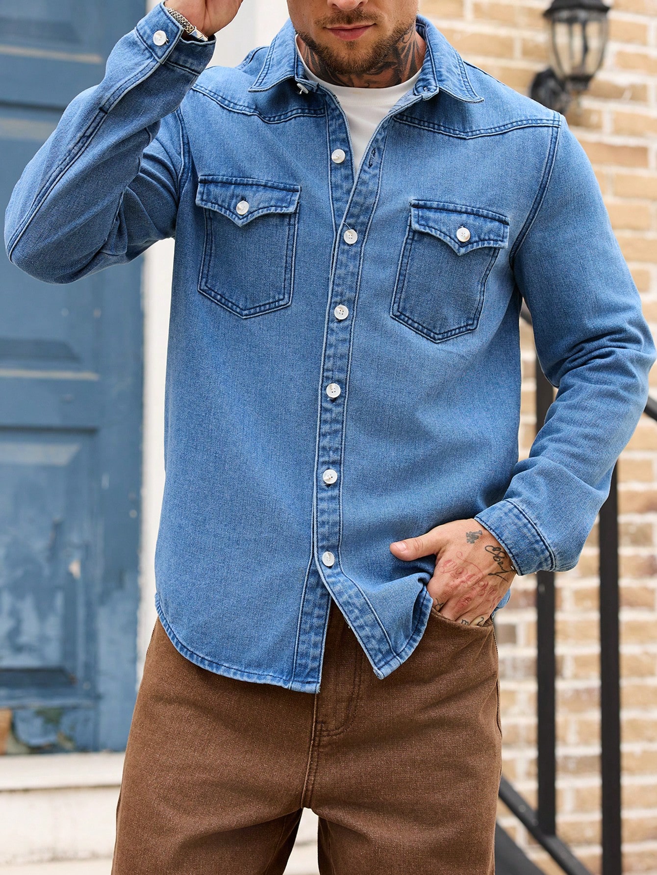 Men Classic Regular Blue Jean Denim Shirt