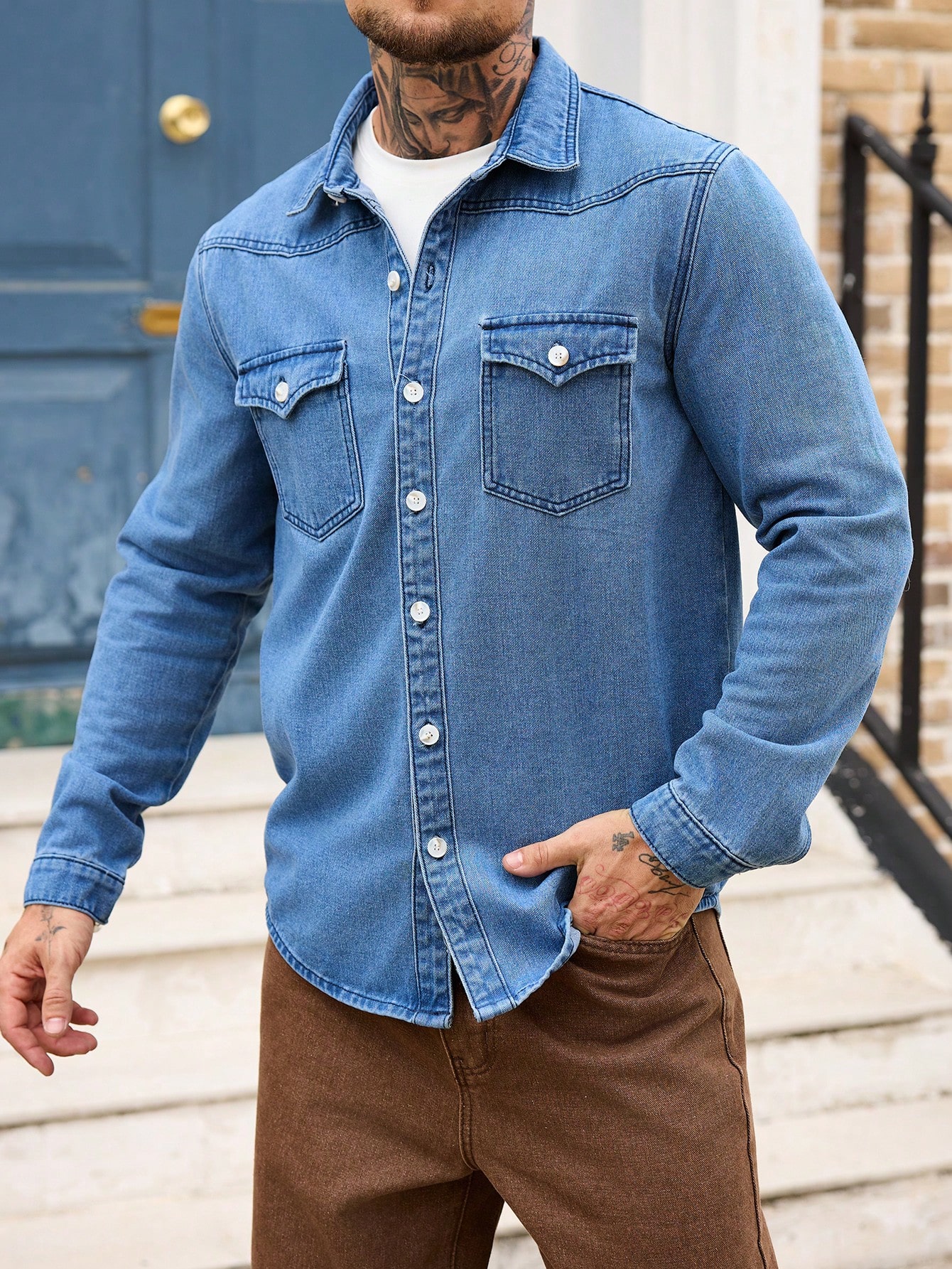 Men Classic Regular Blue Jean Denim Shirt