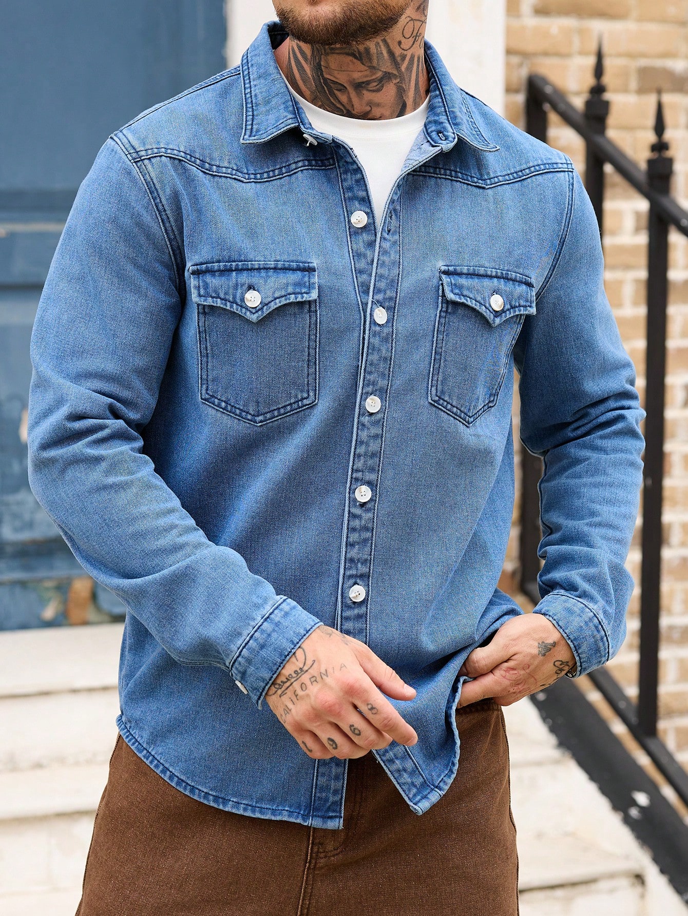 Men Classic Regular Blue Jean Denim Shirt