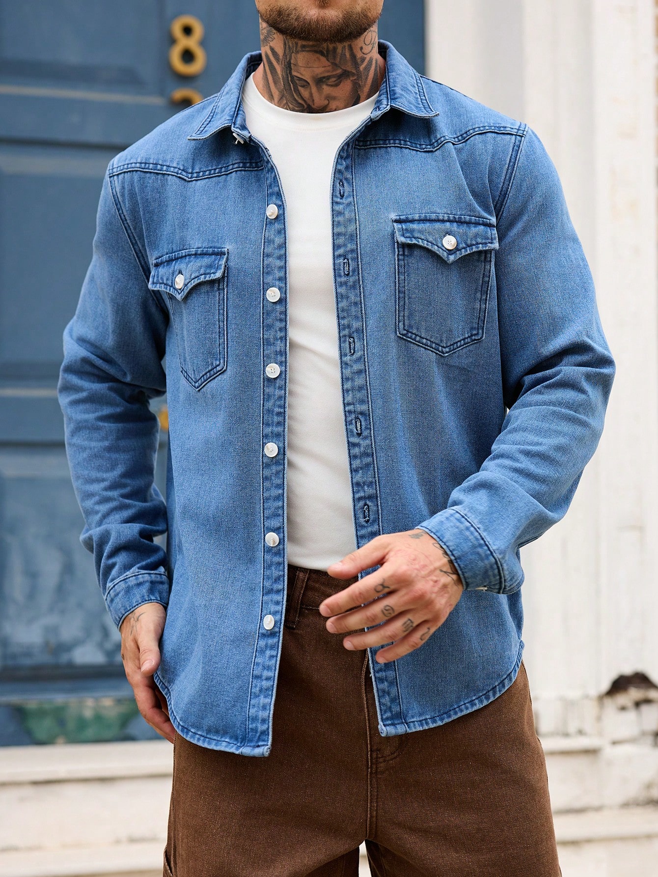 Men Classic Regular Blue Jean Denim Shirt