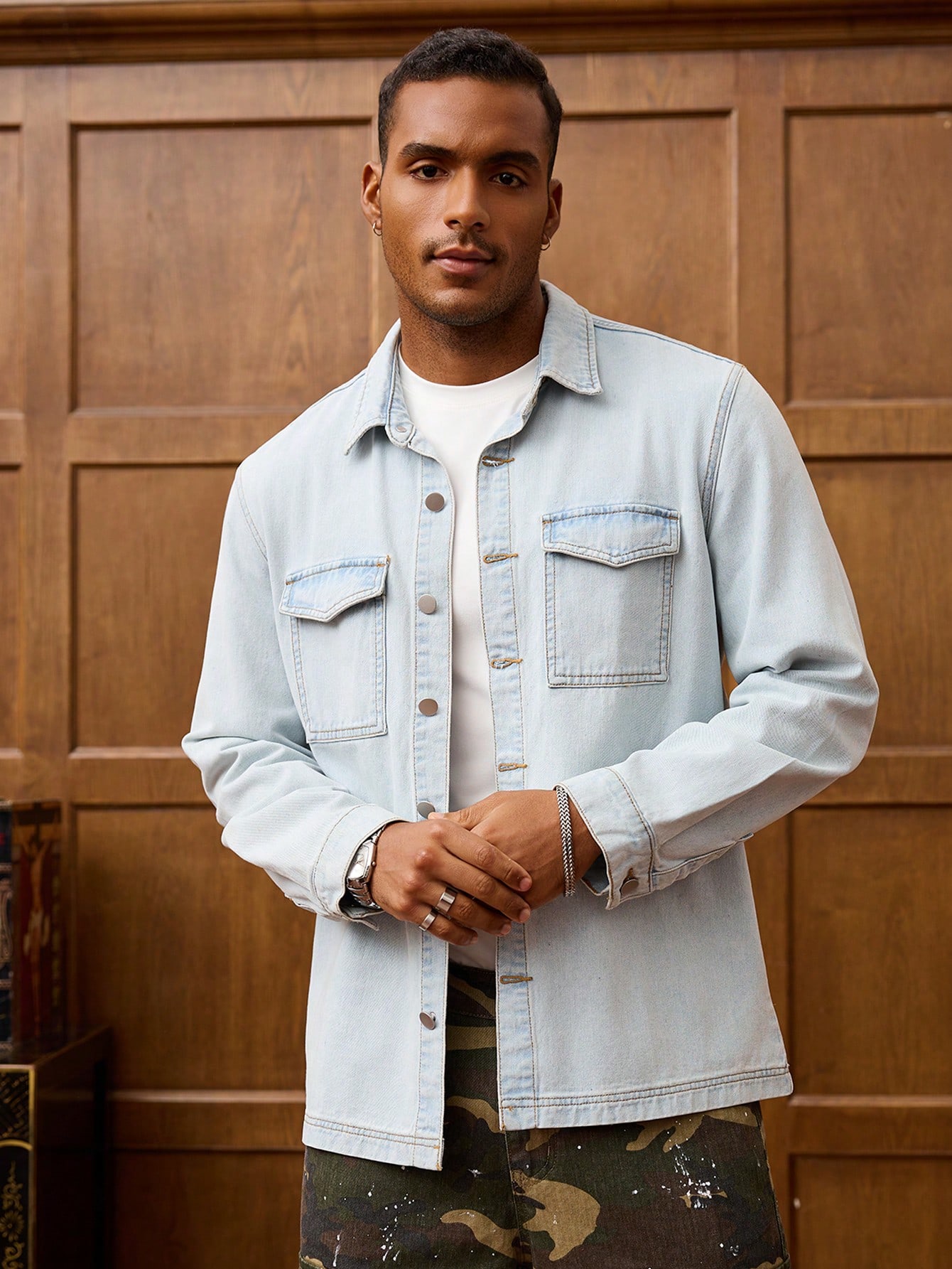 Men Denim Shirt Vintage Light Wash Style