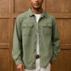 RivetRise Mens Long Sleeve Single Breasted Utility Pocket Casual Denim Shirt Mens Streetwear Shirts Olive Green Men Shirt main 0