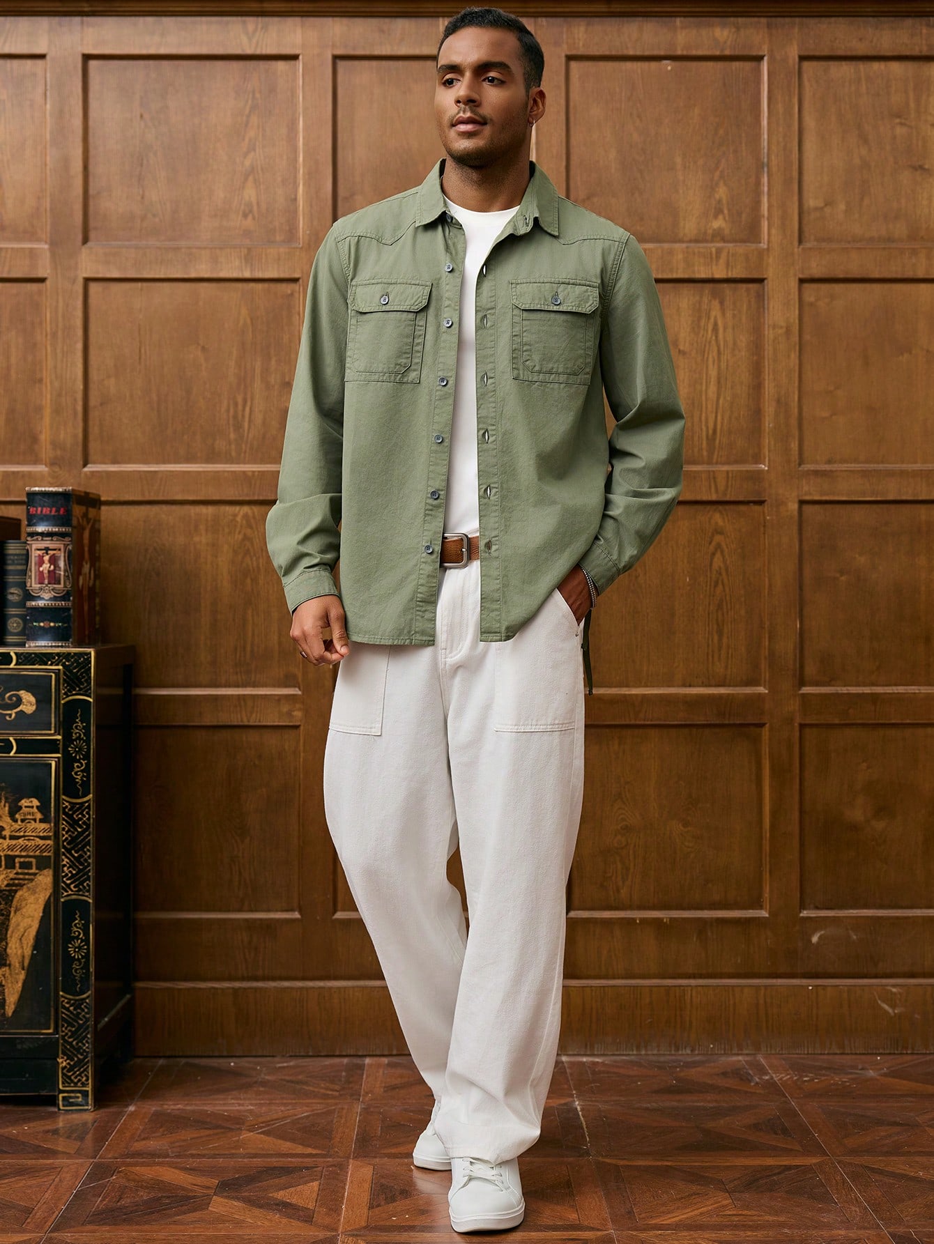 Men Vintage Olive Green Men Denim Shirt