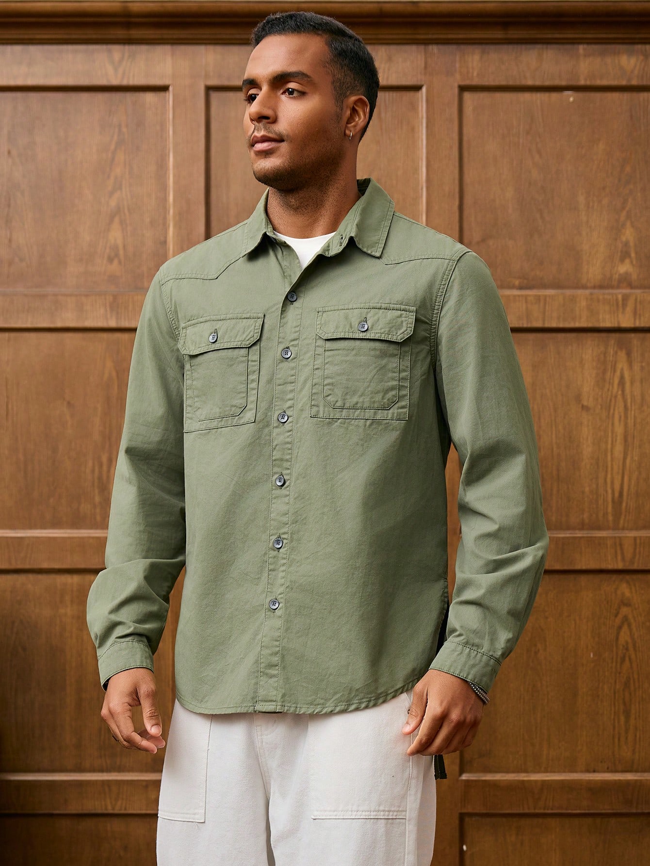 Men Vintage Olive Green Men Denim Shirt