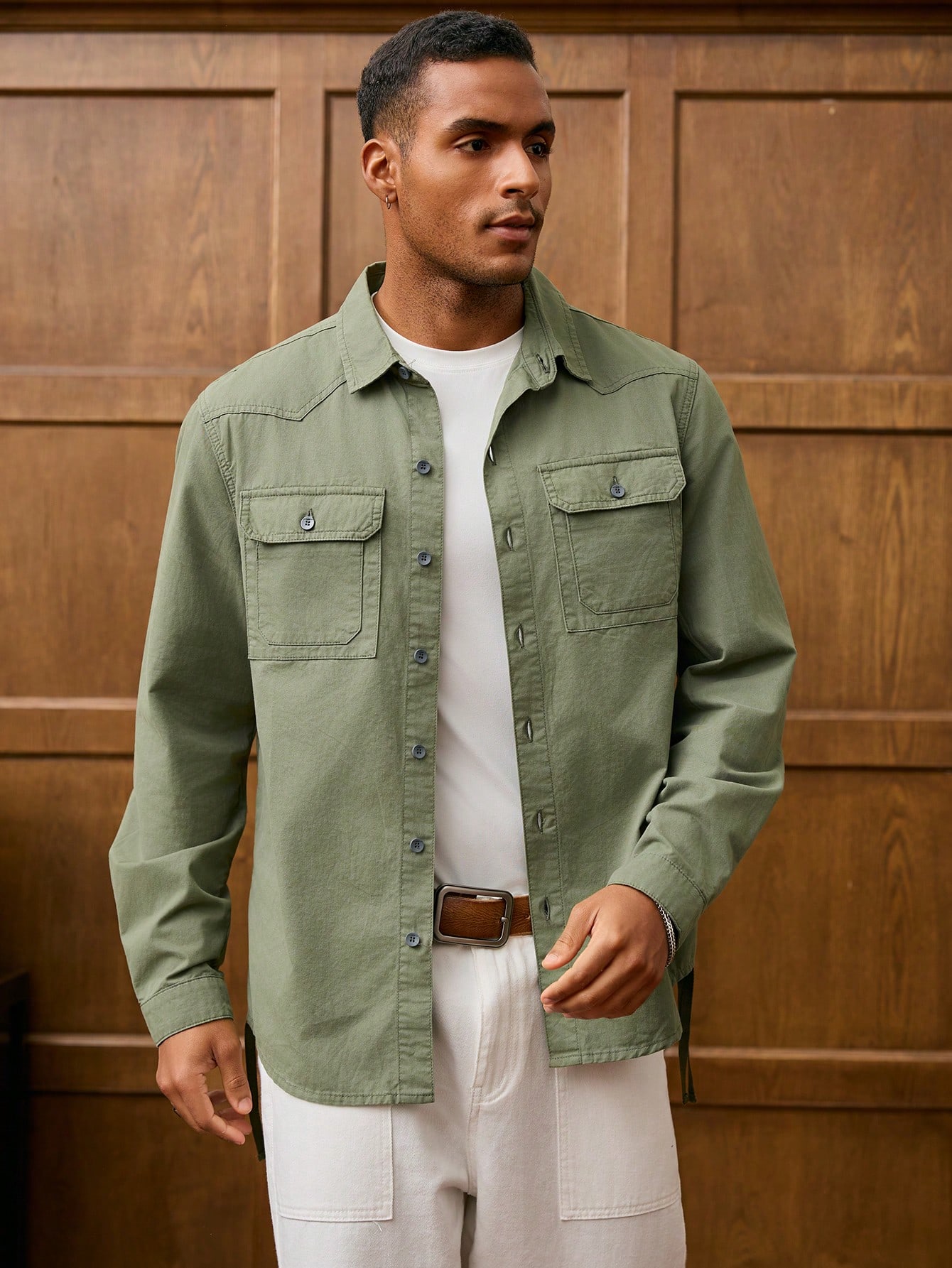 Men Vintage Olive Green Men Denim Shirt