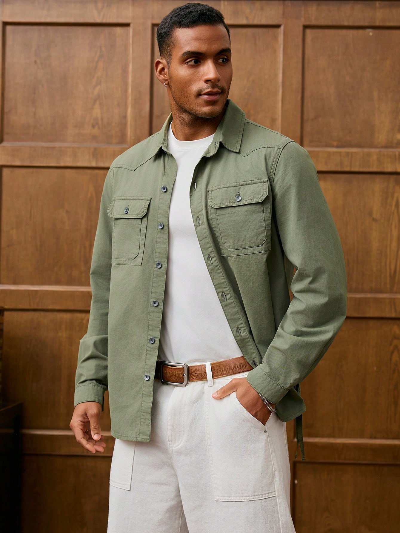 Men Vintage Olive Green Men Denim Shirt