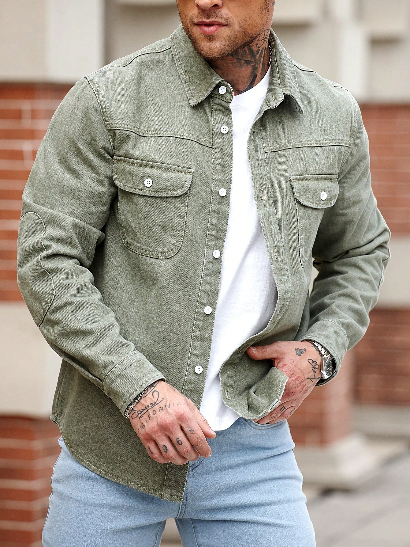 Men Army Green Casual Denim Shirt