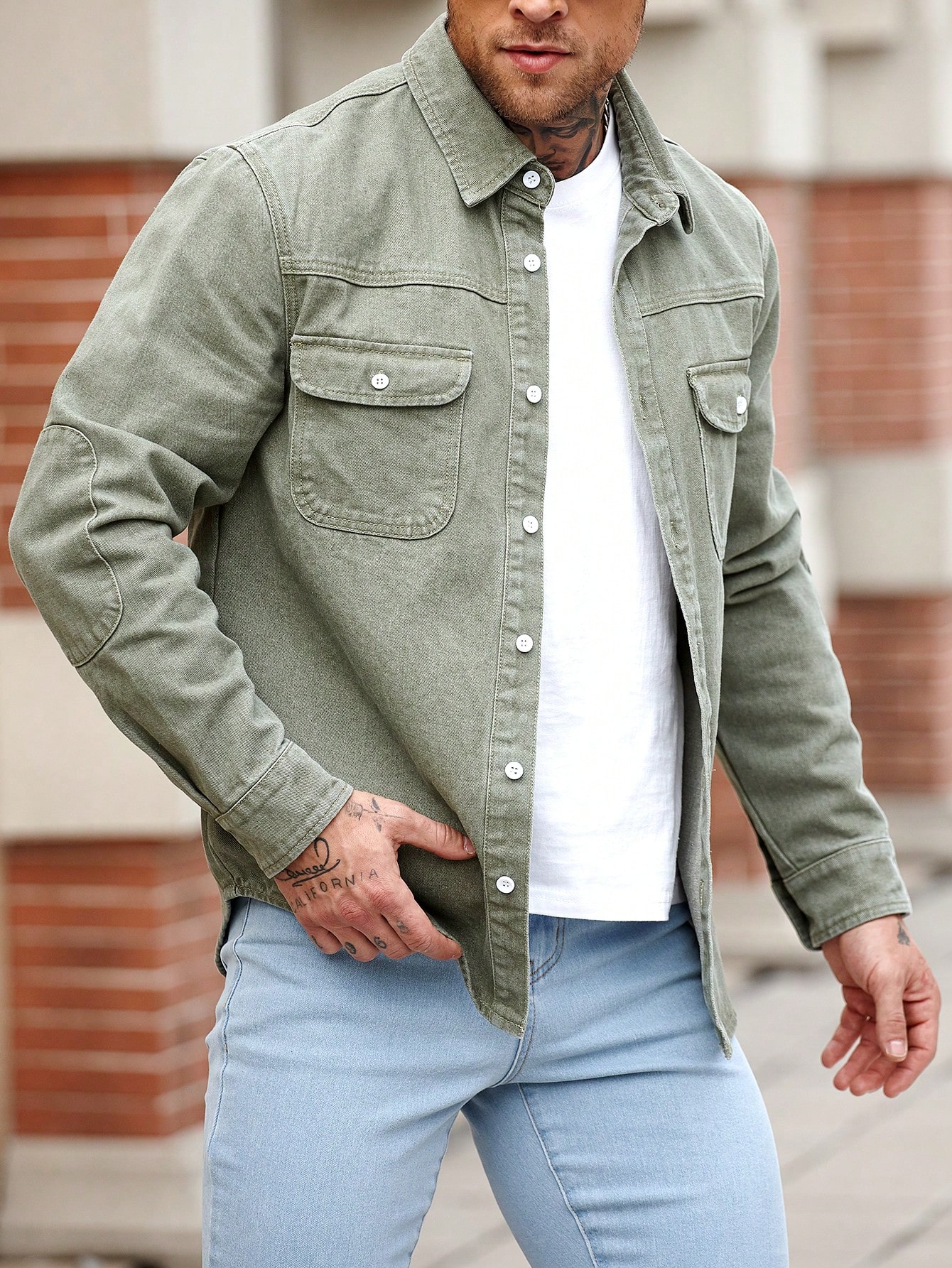Men Army Green Casual Denim Shirt