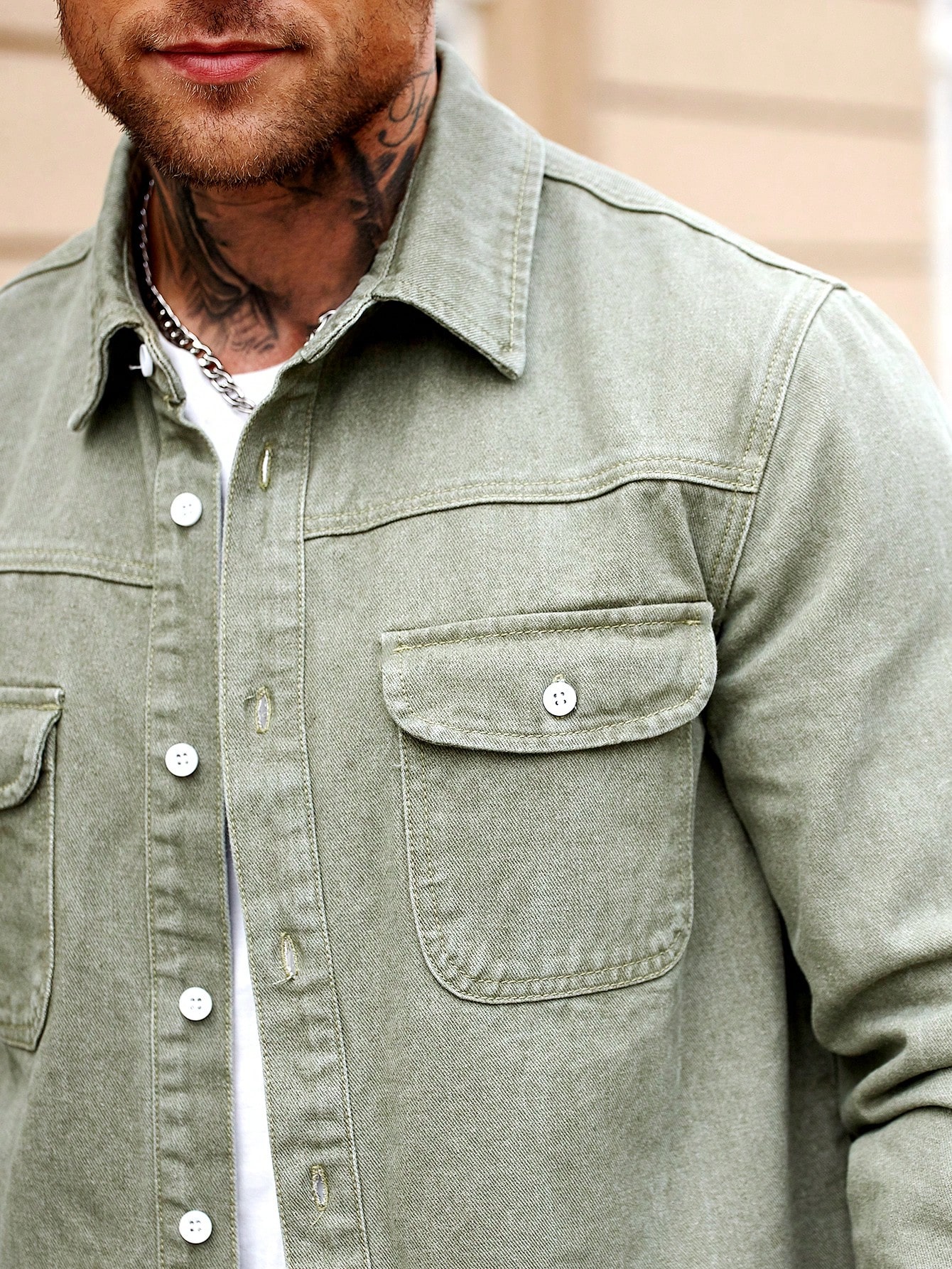 Men Army Green Casual Denim Shirt