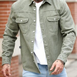 Men Army Green Casual Denim Shirt