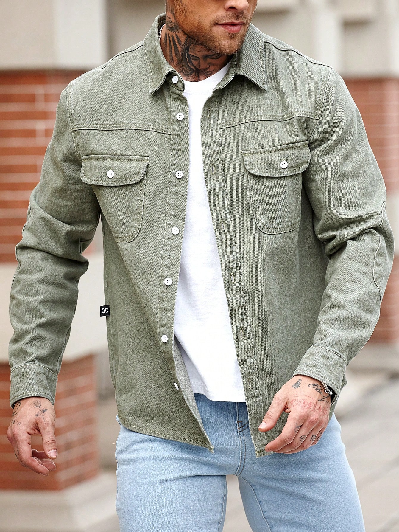 Men Army Green Casual Denim Shirt