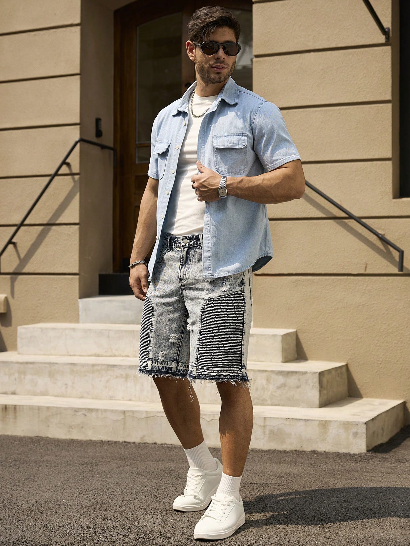 Men Summer Short Sleeve Denim Shirt